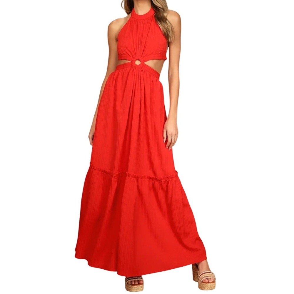 NWT Lulus Island Vacay Red Tie-Back Maxi Dress S Cutout O-Ring Tiered Resortwear